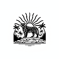 Indian Tiger silhouetted against a jungle sunset coloring page for kids and adults.