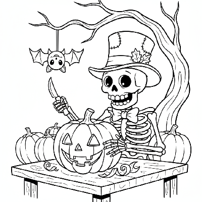 Black and white line art of a cartoon skeleton carving a jack-o'-lantern pumpkin, Halloween craft coloring page.