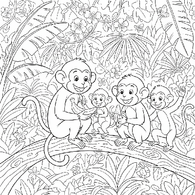Black and white line art of a monkey family sharing bananas in a dense Indian forest
