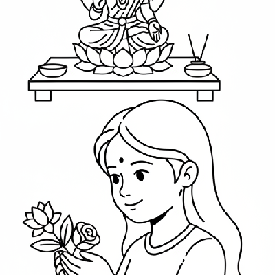 Young girl respectfully offering flowers to a small outlined statue of Goddess Lakshmi for Diwali, black-and-white line art