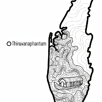 Line art coloring map of Kerala state, highlighting its backwaters with a houseboat illustration and capital Thiruvananthapuram.