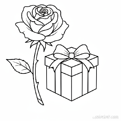 Easy rose with a gift present coloring page for celebrations, black and white line art, simple flower and gift illustration.