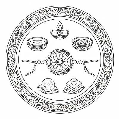 Line art of a Rakhi Thali with diya, kumkum, sweets, and Rakhi