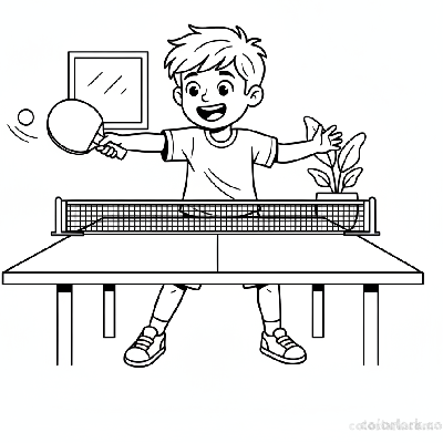 Line art of an enthusiastic boy using forehand technique in a home table tennis game.
