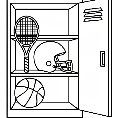 Black and white line art of sports gear in a locker, including a ball, racket, and helmet, all formed by circles, squares, and triangles for shape learning.