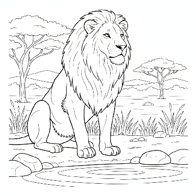 Black and white line art of an adult lion sitting patiently by a watering hole.