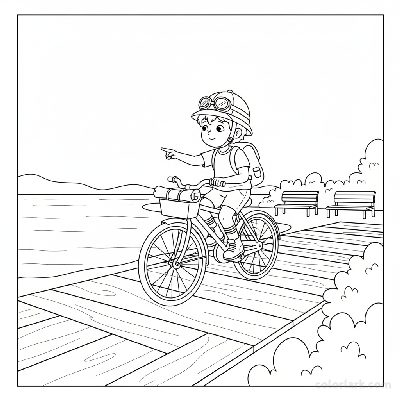 Black and white line art coloring page of a child with a helmet, riding a bicycle on a lakeside boardwalk.