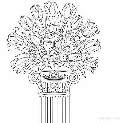 Line art illustration of an elegant bouquet of tulips on a decorative pedestal