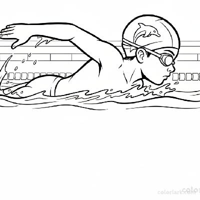 Black and white line art of a child practicing freestyle for a school swim meet in a pool, wearing a swim cap and goggles.