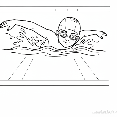 Black and white line art of a child swimming freestyle across a pool for the first time, wearing a swim cap and goggles.