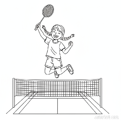 Line art of a cheerful young girl jumping for joy, raising her racket after winning a badminton game.