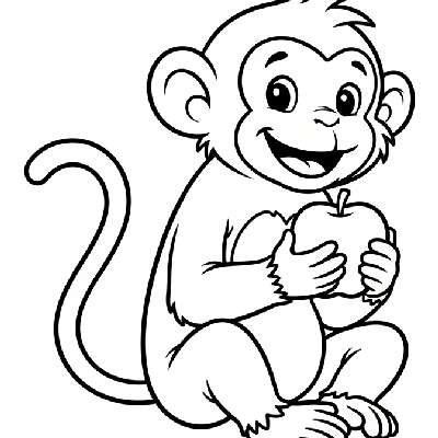 Black and white line art of a smiling monkey sitting and holding a simple fruit, ideal for easy coloring by toddlers.