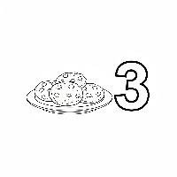Black and white line art coloring page showing three cookies on a plate with the number 3.