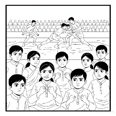 Line art of Indian children with determined and focused looks, watching a National Kabaddi Semifinals match.