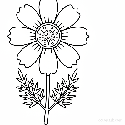 Black and white line art of a cosmos sulphureus flower with a distinct central disc, radiating petals, a simple stem, and fern-like leaves.