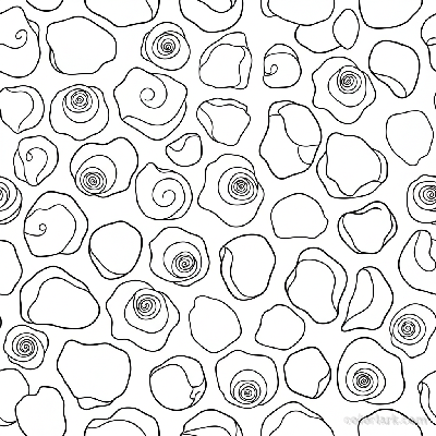 Black and white line art illustration of various scattered rose petals forming a dynamic pattern
