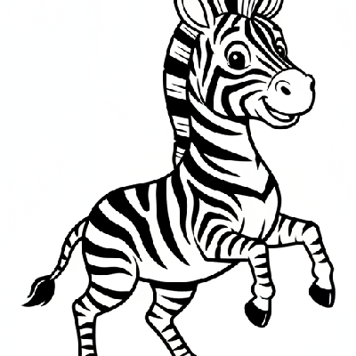 Black and white line art of a playful zebra with one hoof lifted, simplified for easy coloring by kids.