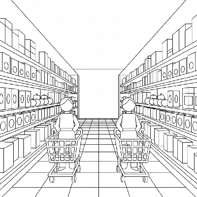 Black and white line art of a grocery store scene with shopping carts, shelves, and food items, all composed of circles, squares, and triangles.