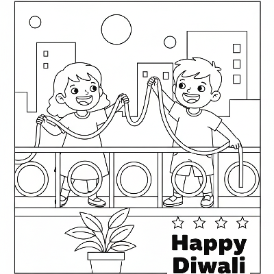 Cheerful children actively arranging decorative string lights on a balcony for Diwali night, smiling and enthusiastic, line art