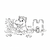 Black and white line art of a happy hippo splashing near the letter H.