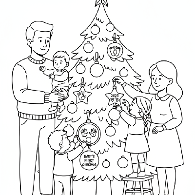 Black and white line art of a family hanging sentimental handprint and footprint ornaments on a beloved Christmas tree.