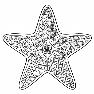 Intricate black and white zentangle pattern of a five-pointed starfish for adult coloring.