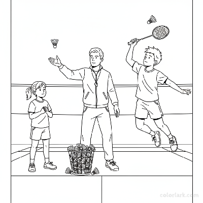 Line art of a badminton coach feeding shuttlecocks to children for smash practice.
