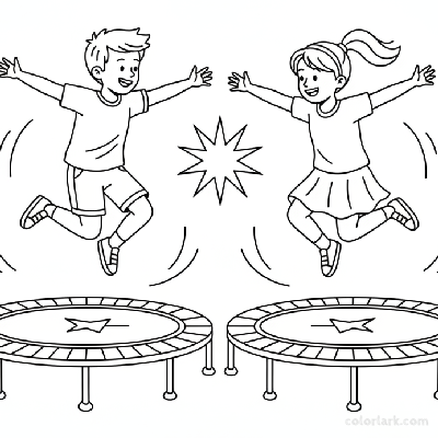 Black and white line art of two children doing mirrored jumps on separate trampolines in a kids fitness center.