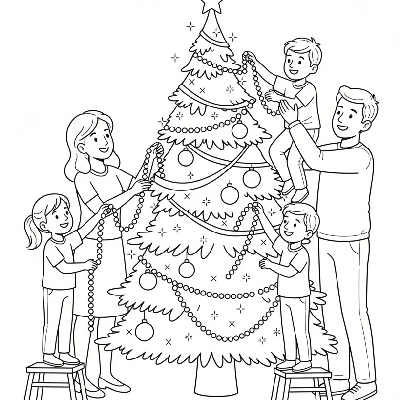 Black and white line art of kids helping parents drape beaded garlands on a sparkling Christmas tree.