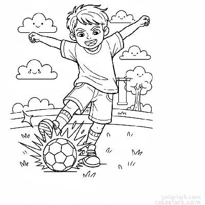 Line art of a child making a fantastic football power kick.