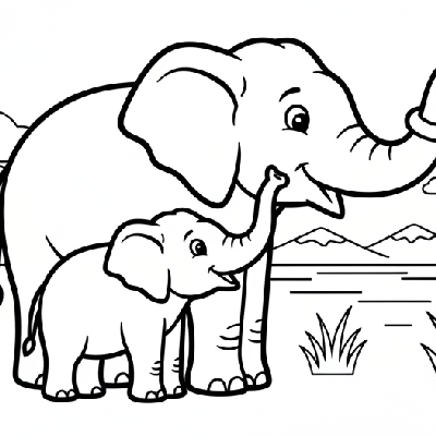 Black and white line art of an Indian elephant mother teaching her calf to trumpet.