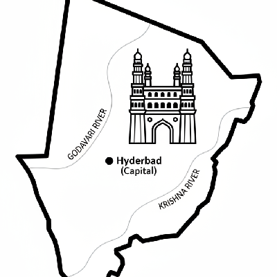 Line art coloring map of Telangana state, featuring the Charminar landmark and the capital city of Hyderabad.