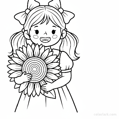 Black and white line art of a little girl happily holding a large sunflower