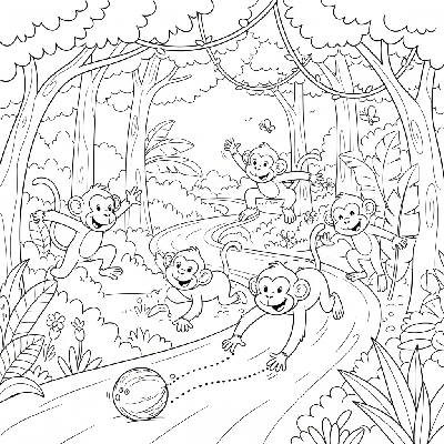 Black and white line art of monkeys chasing a rolling coconut through an Indian jungle path