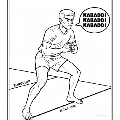 Black and white line art of an Indian Kabaddi player in anticipation, chanting 'Kabaddi Kabaddi' before a raid.