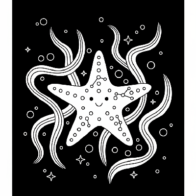 Black and white line art of an enchanted starfish floating amongst whimsical, glowing strands of bioluminescent algae.