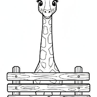 Line art of a tall giraffe looking over a simple wooden fence at visitors in a friendly manner at the zoo.