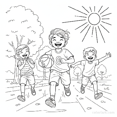 Line art of joyful Indian kids running happily with a basketball on a street, with friends running alongside.
