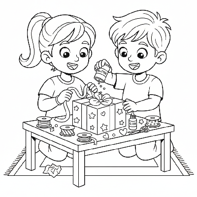Line art of kids decorating a Rakhi gift box with ribbons and glitter