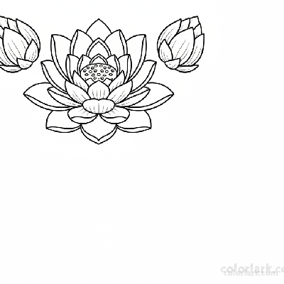 Black and white line art of a symmetrical arrangement of three lotus flowers.