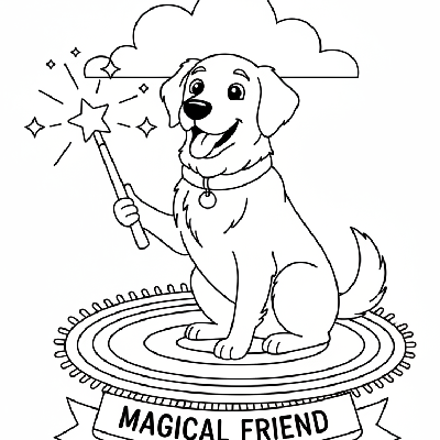 Black and white line art of a charming dog sitting and holding a simple magic wand with a star, for kids in India.