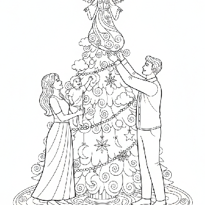 Black and white line art of a family placing a majestic angel topper on a celestial-themed Christmas tree.
