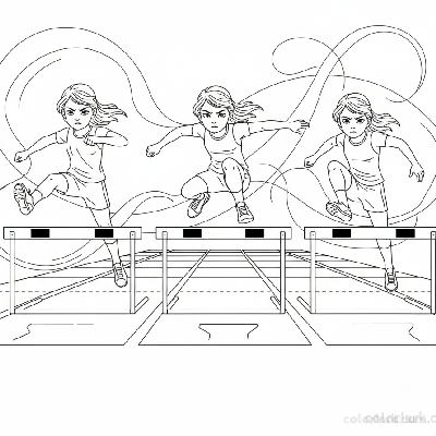 Black and white line art of a young girl perfecting her hurdle rhythm on a dedicated training track.