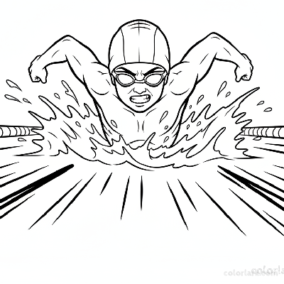 Black and white line art of a determined child practicing sprint freestyle in a pool, wearing a swim cap and goggles.