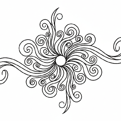 Black and white line art of an abstract swirl Rakhi design with flowing, interconnected spirals for modern artists to color.
