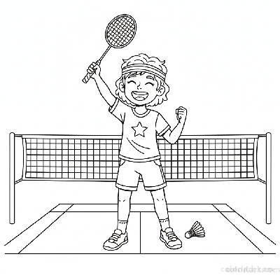Line art of a happy girl wearing a headband, raising her racket after winning a badminton match.