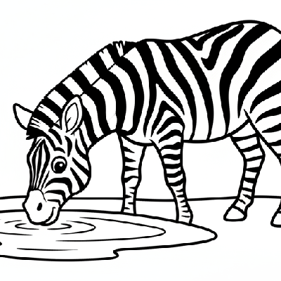 Black and white line art of a striped zebra drinking water, with simple bold outlines, easy for toddlers to color.