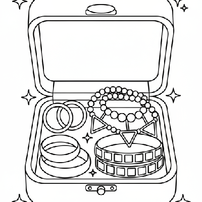 Black and white line art of jewelry box treasures including rings, necklaces, and bracelets, all formed by circles, squares, and triangles for shape learning.