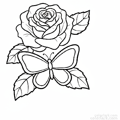 Simple rose and butterfly coloring page for elementary kids, black and white line art, easy flower and insect drawing.