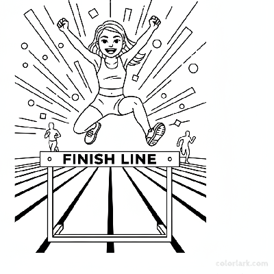 Black and white line art of a young girl's victorious hurdle leap exactly at the finish line of an athletics race.